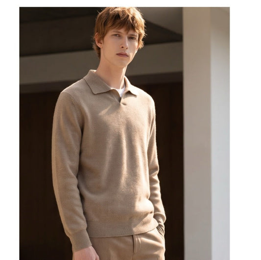 Men's 100% Baby Cashmere Polo Sweater - Camel